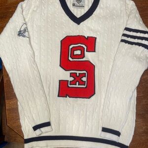 Vintage Style Cable Knit Varsity “Sox” V-Neck Sweater – Size M